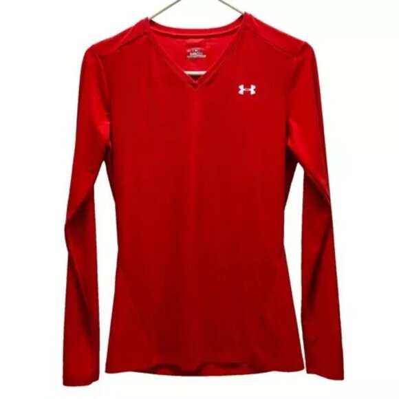 Under Armour Women's Heatgear Fitted Long Sleeve Red Athletic V-Neck Top XL GUC - Picture 1 of 14